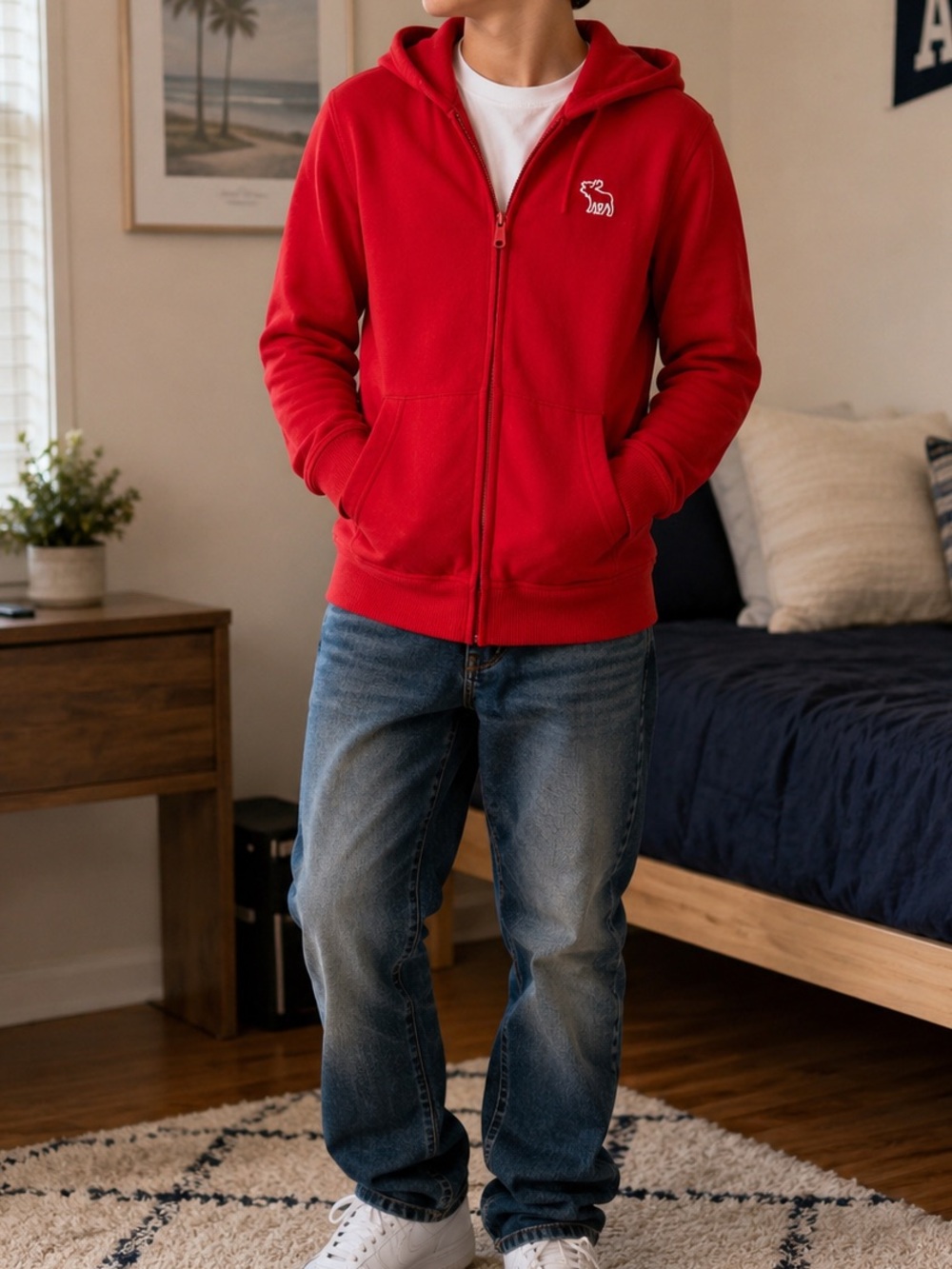 Abercrombie Kids 15/16 Red Moose Logo Full Zip Hoodie Y2K Preppy Sweatshirt